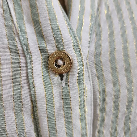 Jones New York Signature Top Green White Gold Metallic Striped Button Front S - Picture 6 of 12